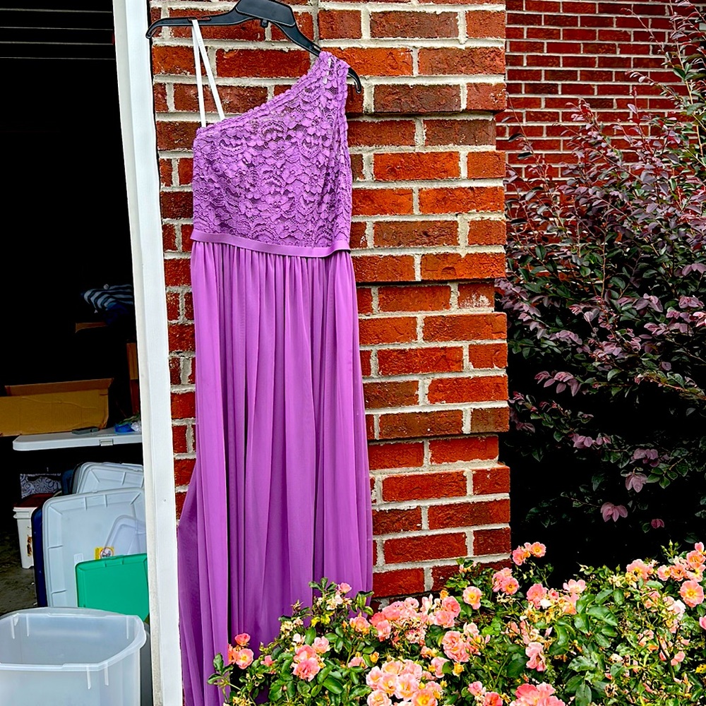 David’s bridal over one shoulder violet dress